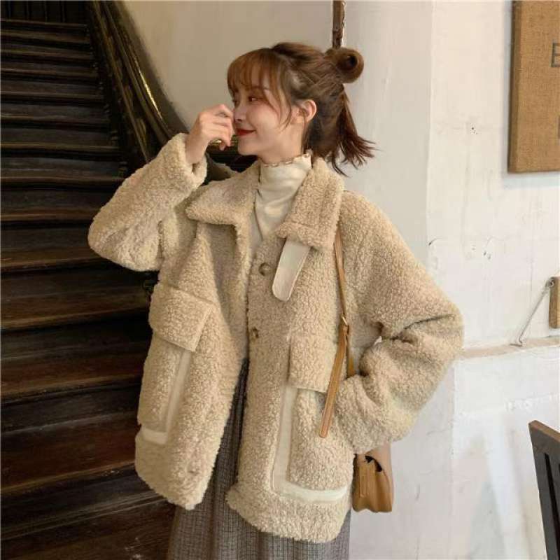 Korean Style Warm Thickened Design Autumn And Winter Faux Lamb Coat For Women