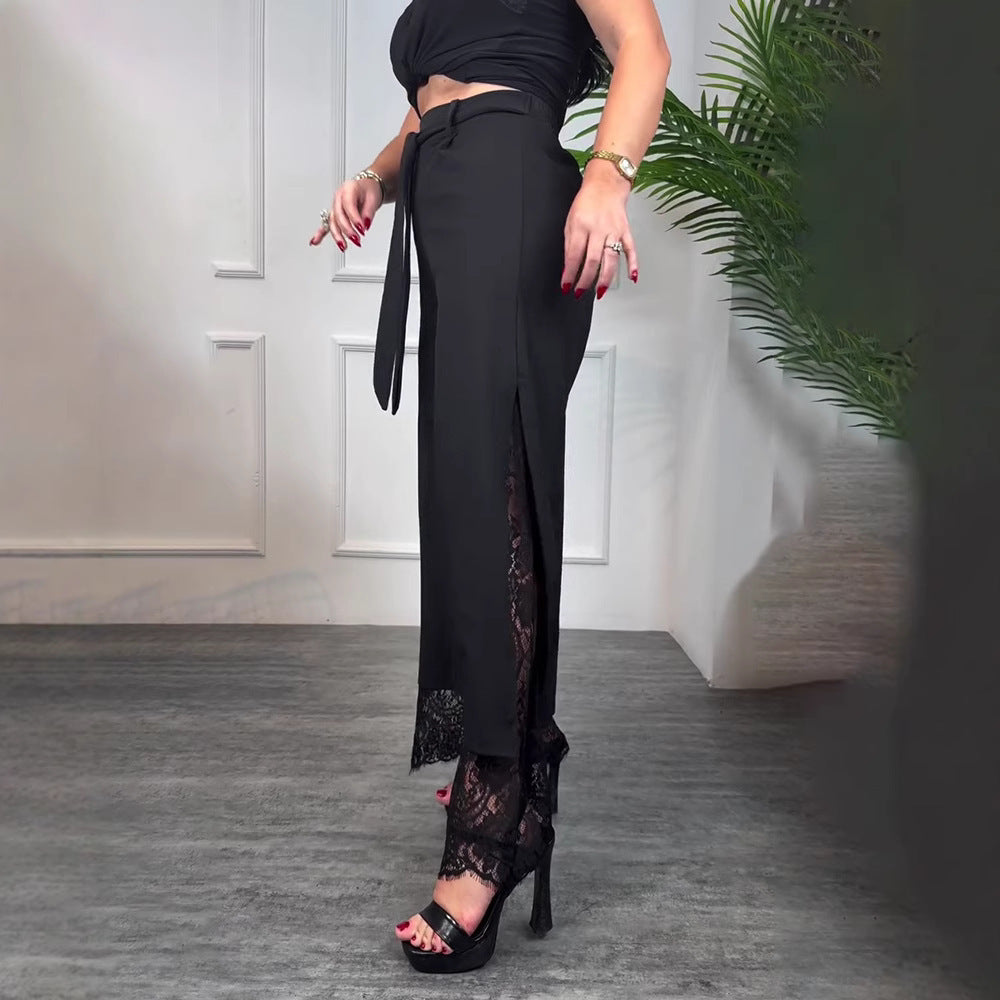 Women's Solid Color Lace Stitching Tied Trousers