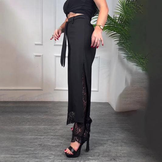 Women's Solid Color Lace Stitching Tied Trousers