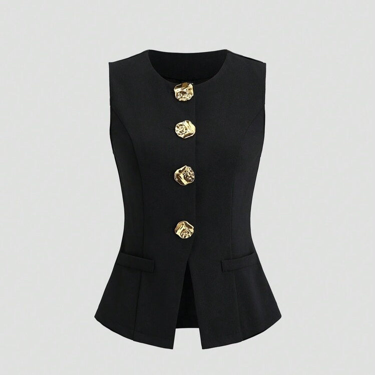 Sleeveless Round Neck Vest Fashion Women's Wear Elegant Waist-tight Solid Color