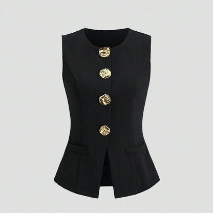 Sleeveless Round Neck Vest Fashion Women's Wear Elegant Waist-tight Solid Color