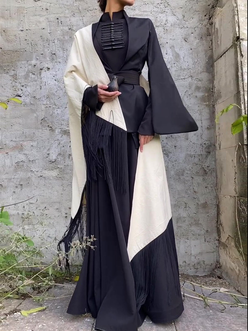 Vintage Button Long Sleeve Dress With Tassel Scarf -Including Belt