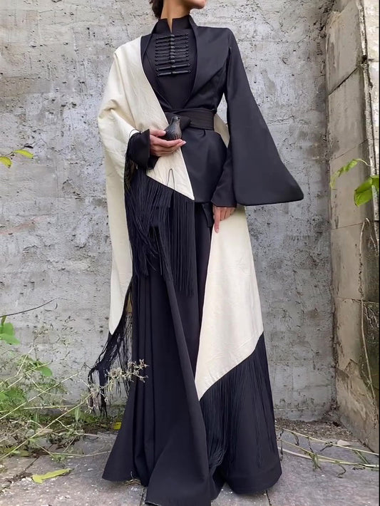 Vintage Button Long Sleeve Dress With Tassel Scarf -Including Belt