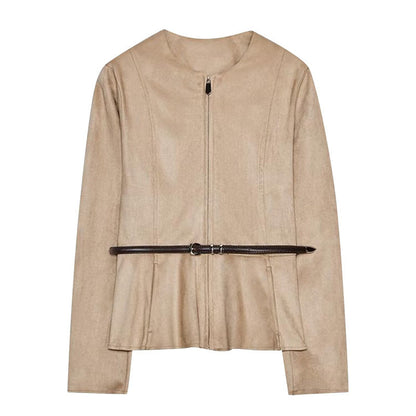 Women's Belt Suede Short Skirt Hem Jacket