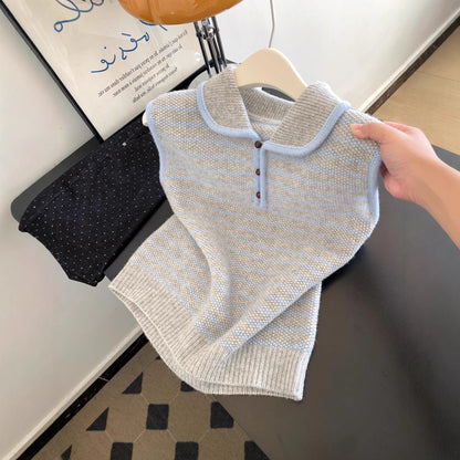 Early Autumn Lazy Korean Style Blue And White Stripes Knitted Vest Women