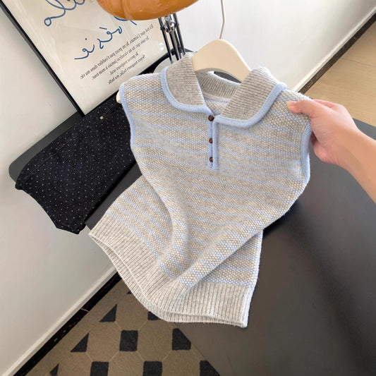 Early Autumn Lazy Korean Style Blue And White Stripes Knitted Vest Women