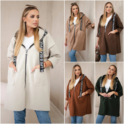 Hooded Sports Women's Large Size Long Sleeve Zipper Woolen Coat