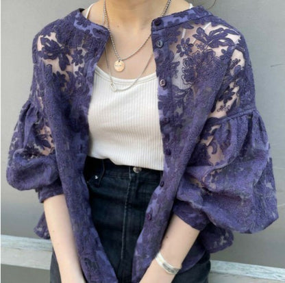 Lantern Sleeve Round Neck Lace Blouse