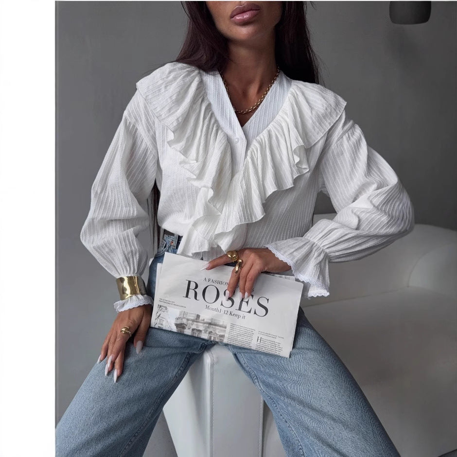 Polyester Women's V-neck Flounce Long Sleeve Shirt