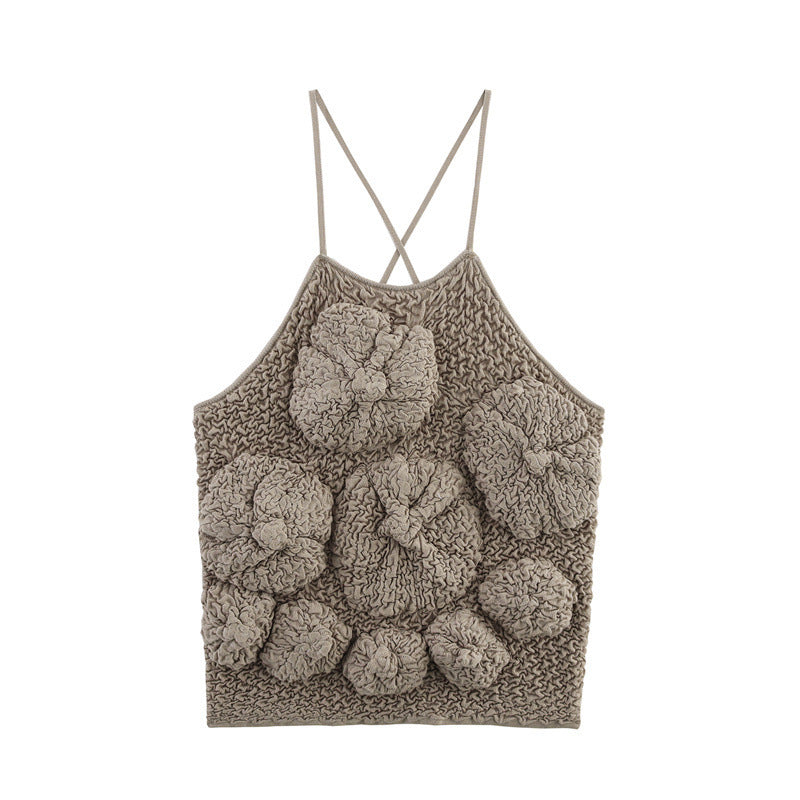 Three-dimensional Flower Design Fluffy Texture Sling Top For Women