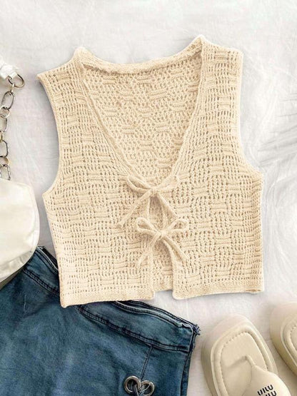 Women's Solid Color Tie Front Sweater Vest Casual Crochet