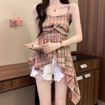 Dopamine Contrast Color Plaid Irregular Spaghetti-strap Vest