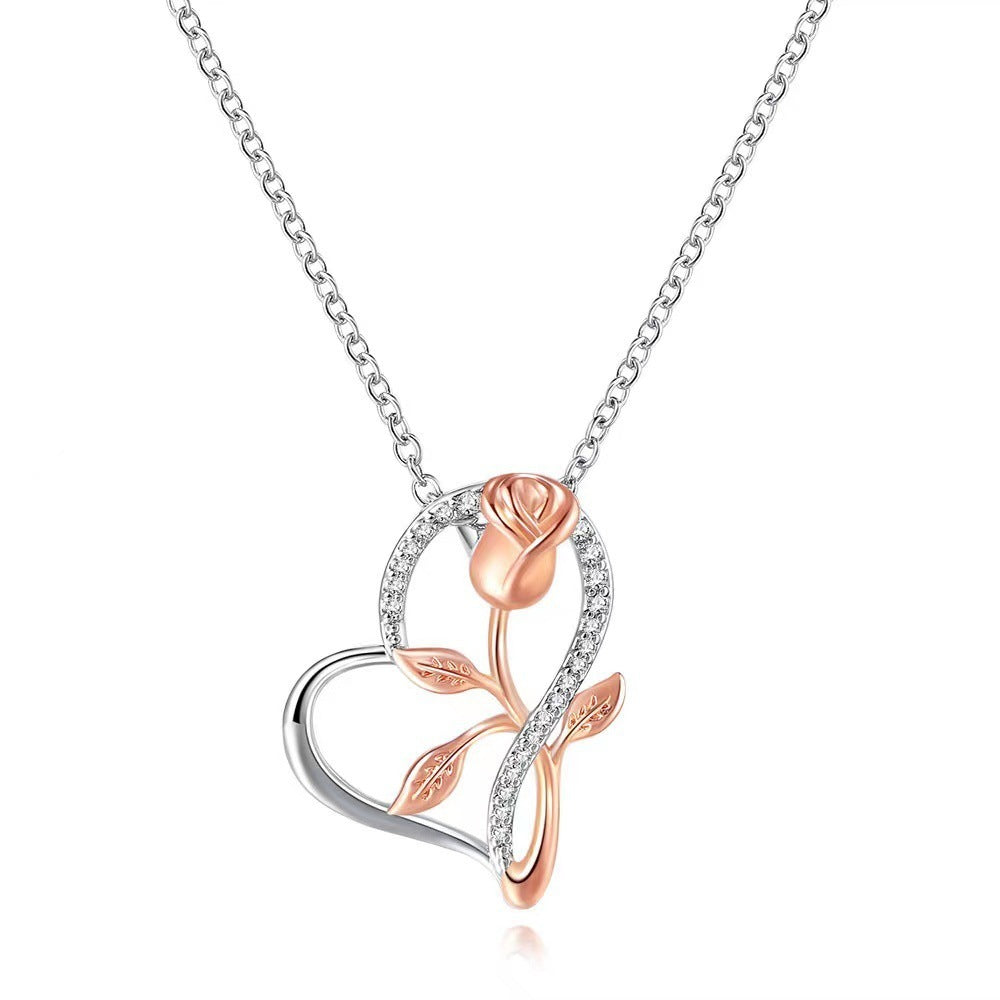 S925 Heart-Shaped Rose Necklace – European & American Style