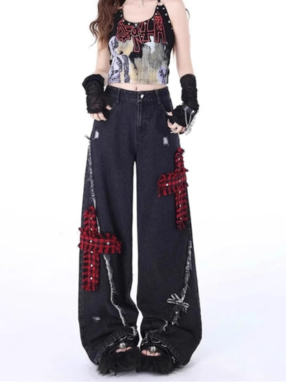 Retro Tattered Stitching Red Plaid Jeans