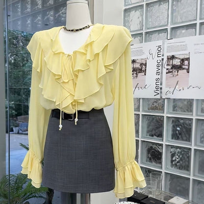 French Elegant Ruffled V-neck Long Sleeve Shirt Women