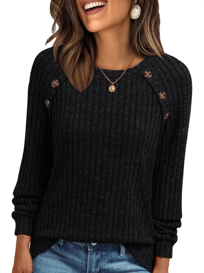 Round Neck Sunken Stripe Brushed Solid Color Top Long Sleeve