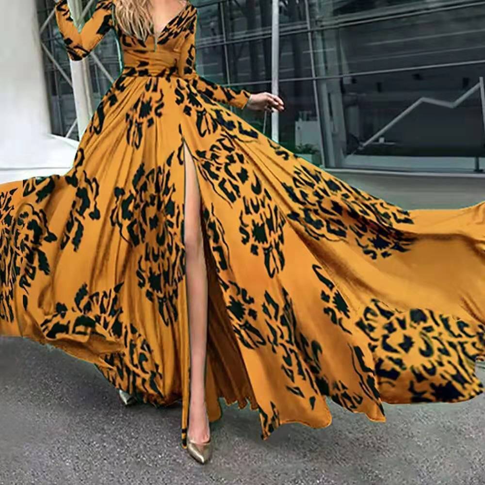 Women's Dress Split Leopard-print Slim-fit Sexy Deep V