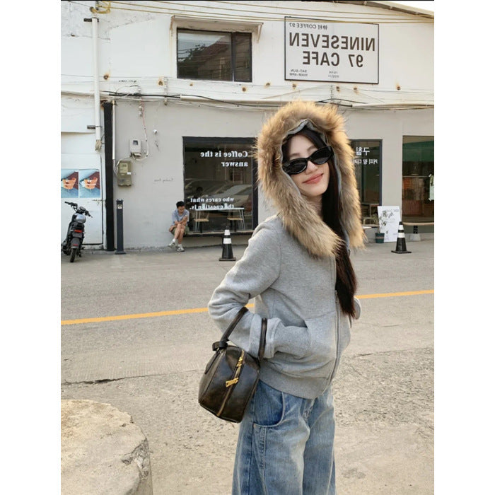 Vintage Gray Fleece Lined Warm Hooded Cardigan Top