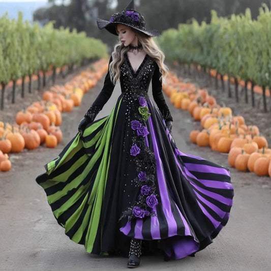 V-neck Long Sleeve Dress Large Swing Dress Halloween Dress