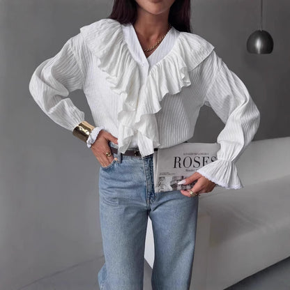 Polyester Women's V-neck Flounce Long Sleeve Shirt