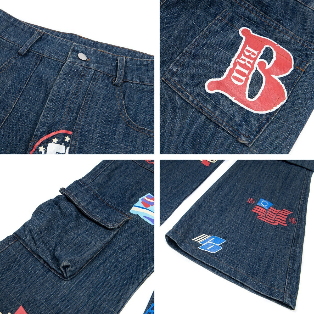 Pattern Dark Flower Funny Multi-pocket Loose And Idle Sense Jeans For Men And Women