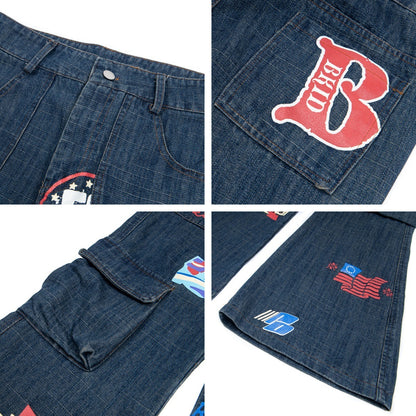 Pattern Dark Flower Funny Multi-pocket Loose And Idle Sense Jeans For Men And Women