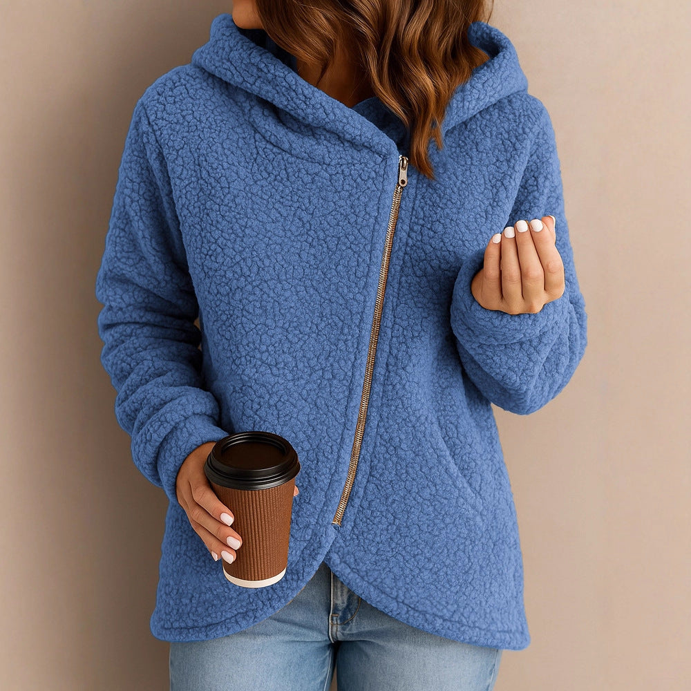 Casual Loose Lambswool Long Sleeve Zipper Hoodie Coat