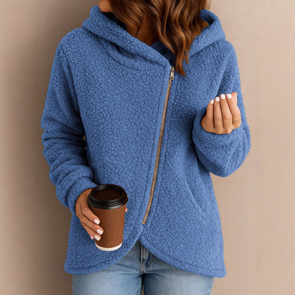 Casual Loose Lambswool Long Sleeve Zipper Hoodie Coat