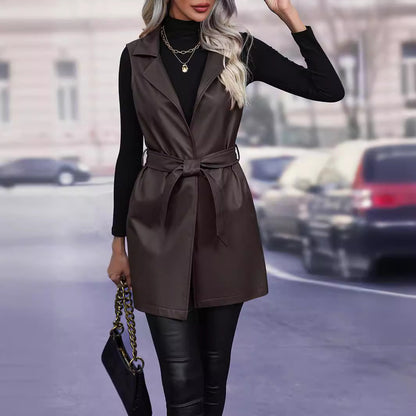 PU Leather Cardigan Strap Vest Vest Jacket For Women