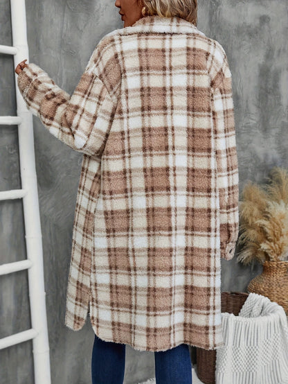 Women's Printed Plaid Long Double-sided Plush Patch Pocket Button Coat