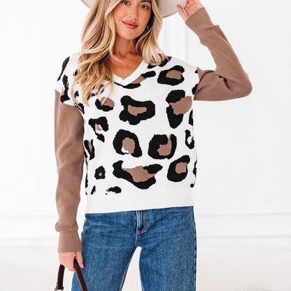 Fashionable Leopard Print Printed V-neck Knitted Sweater