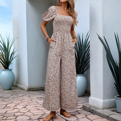 Square Collar Puff Sleeve Vacation Style Floral Jumpsuit