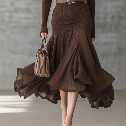 Stitching V-neck Long-sleeve Dress Long Skirt Large Swing Skirt