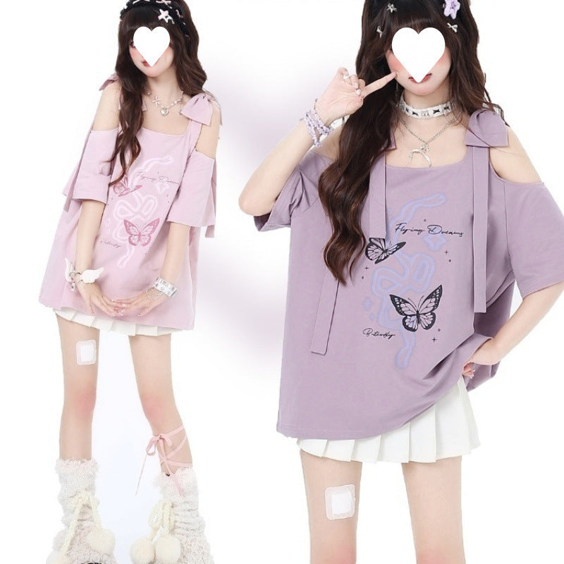 Women's Off-the-shoulder Bow Printed Short Sleeve