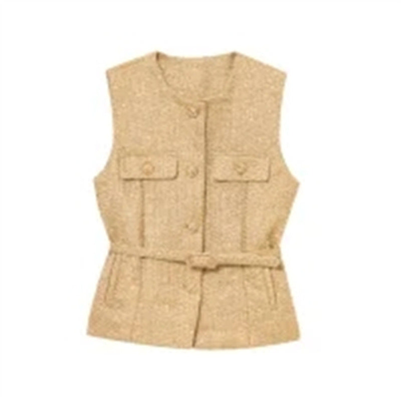 Women's Fashion Casual Sleeveless With Belt Texture Vest