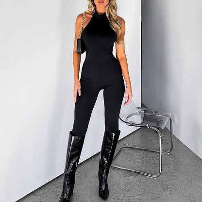 Women's Pure Color Halter Backless Sexy Slim-fit Jumpsuit Trousers
