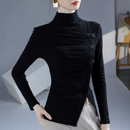 Autumn New Retro Frog Long Sleeve Small Shirt Temperament Split Pleated Inner Wear Outer Wear Women's Top