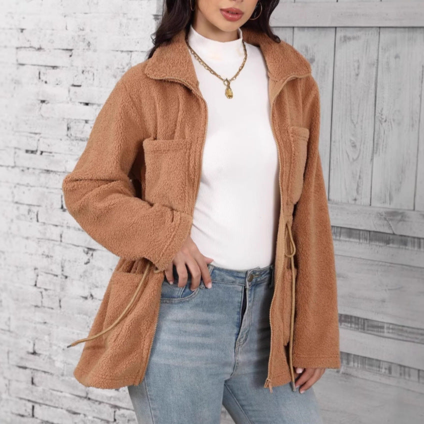 Loose Pockets Zipper And Lapel Long Sleeve Cardigan Plush Coat