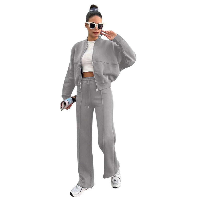 Fleece Zipper Cardigan Women's Clothes Fashion Casual Straight Pants Suit
