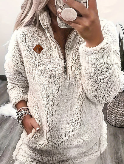 Solid Color Plush Half Zipper Pocket Pullover Sweater Top Women