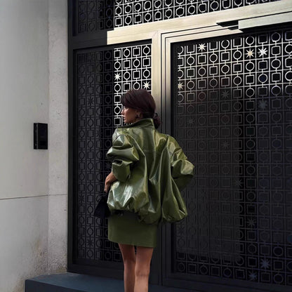 Retro Sexy PU Leather Jacket Strapless Dress Suit