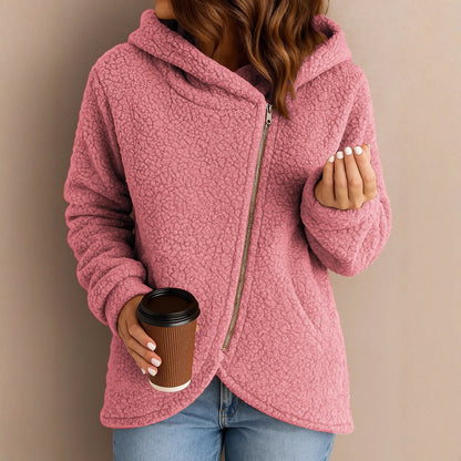 Casual Loose Lambswool Long Sleeve Zipper Hoodie Coat