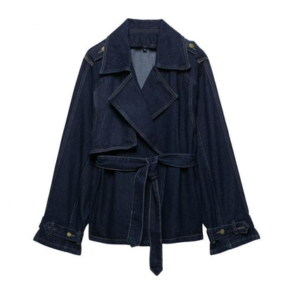 Casual Blue Belt Short Wide Design Denim Trench Coat