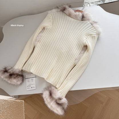 Korean Style Rex Rabbit Lapel Fur Patchwork Knitting Cardigan Coat