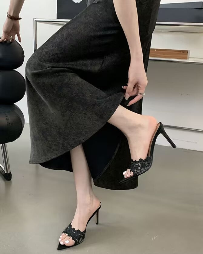 Open-toe Lace-up Strappy Sandals With A Pointed Toe, Designed For Women, Featuring A High Heel For An Elegant And Stylish Look