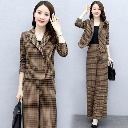 Temperament Western Style Lattice Loose Pants Two-piece
