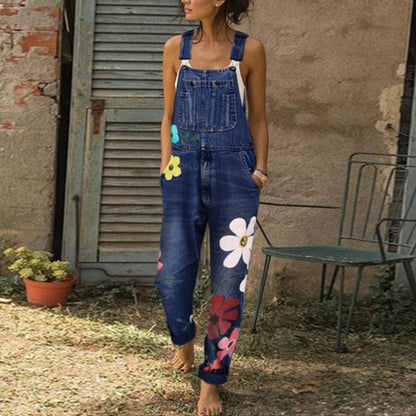 Women's Classic Denim Overalls - High-Waisted Loose Fit Straight Leg Jumpsuit With Unique Print Design