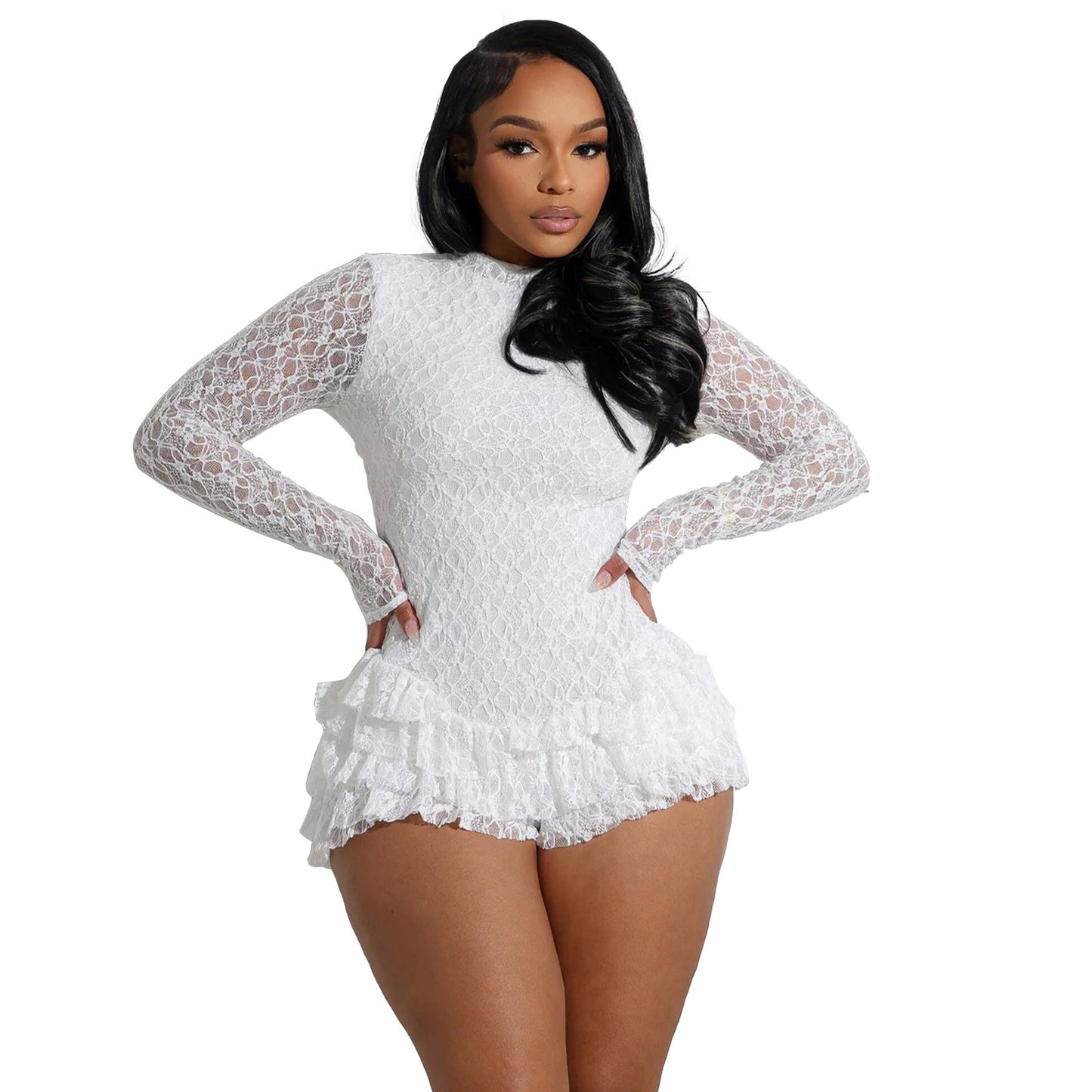 Women's Sexy Lace Long Sleeve Shorts Wooden Ear Backless Jumpsuit