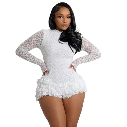 Women's Sexy Lace Long Sleeve Shorts Wooden Ear Backless Jumpsuit