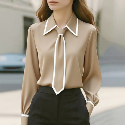 Women's Classic Tie & Lapel Blouse, Long Sleeve Contrast Color Design Shirt For Office And Formal Wear